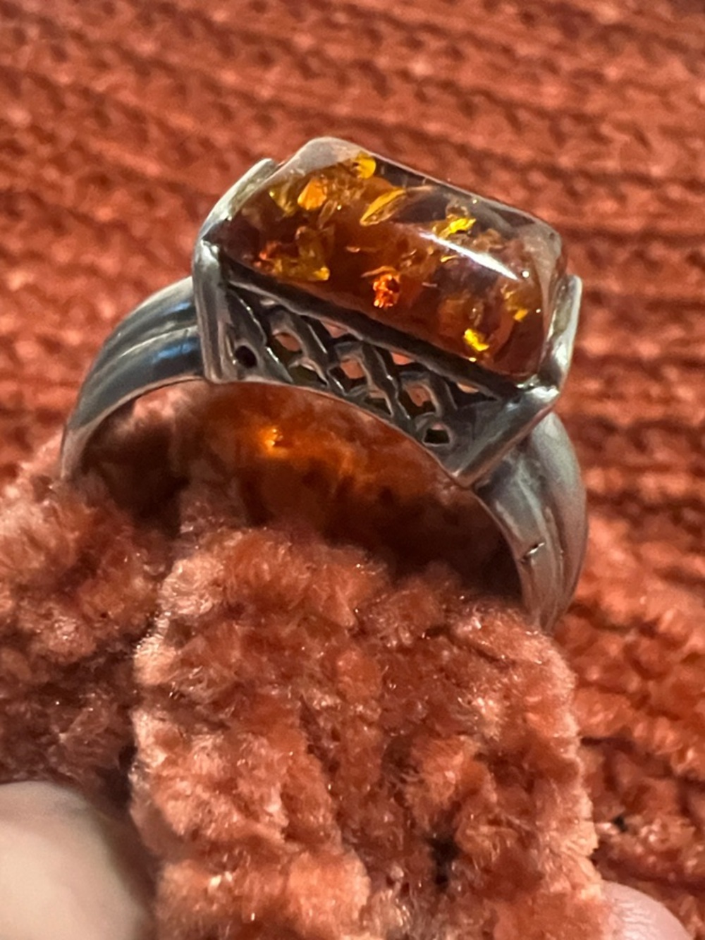 Sterling Silver Amber Statement Ring - Size 9